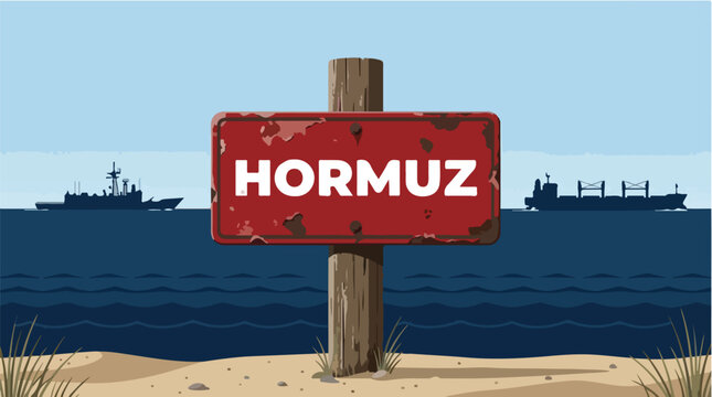 Flat 2D illustration of a rusty red sign with Hormuz text on a beach featuring silhouettes of a naval warship and a cargo ship in the background.