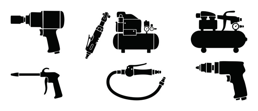 Pneumatic Tools Icon Set Vector, Air Compressor and Industrial Equipment Symbols for Construction and Automotive Repair Shops, Minimalist Black Silhouette Collection for Mechanical Engineering Mainten