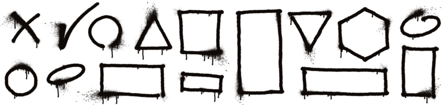 Hand drawn graffiti frames with overspray, black spray paint oval and circle shapes with drips and splatters. Grunge ink border, spray paint check mark and cross symbol, street art elements vector set