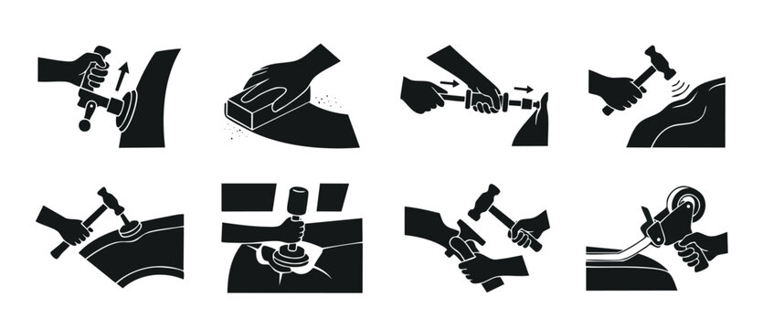 Car Body Repair Icons Set, Auto Mechanic Tools and Paintless Dent Removal Process, Professional Vehicle Collision Maintenance and Surface Restoration Service Symbols, Simple Black Vector Illustration.