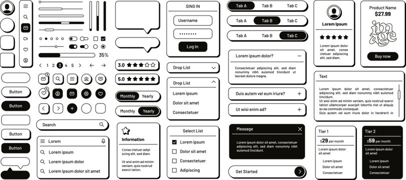 Modern minimalist flat outline web UI elements, buttons, sliders and search bar. Funky retro Y2k line interface panels for mobile app or website, web forms, tabs and dropdown menu templates vector set