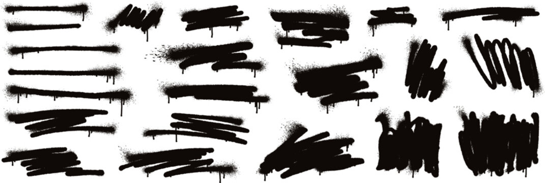 Abstract messy spray paint lines with drips and splatters, hand drawn graffiti frames with overspray. Bold black ink scribble line, grunge graffiti strokes, street art texture elements vector set