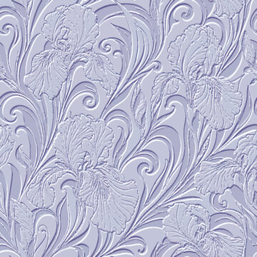 Elegant 3D embossed seamless pattern with relief iris flowers and flowing botanical scrolls. Soft lavender emboss texture with a realistic relief effect for luxury wallpaper and interior decor.