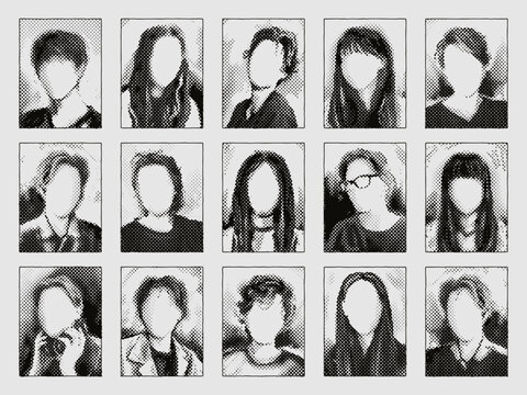 Halftone photo placeholders with faceless portraits for vintage newspaper or wanted banner. Monochrome portrait with blank faces, anonymous person, unknown or missing person photo template vector set