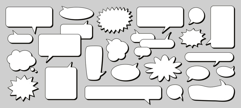 Funky speech bubbles with drop shadows, playful blank chat balloons in various shapes. Fun outline talk balloon stickers, comic style cloud bubble, empty conversation message icon vector set