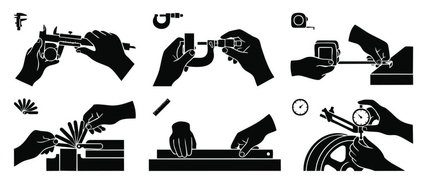 Precision Measurement Tools Icons Set, Hand Holding Industrial Caliper Micrometer and Measuring Tape for Engineering Quality Control Inspection and Technical Manufacturing Processes Flat Black Vector