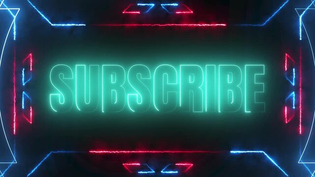 Neon SUBSCRIBE text animation with futuristic borders and dynamic colorful lighting on a dark pumice stone texture, 4k video
