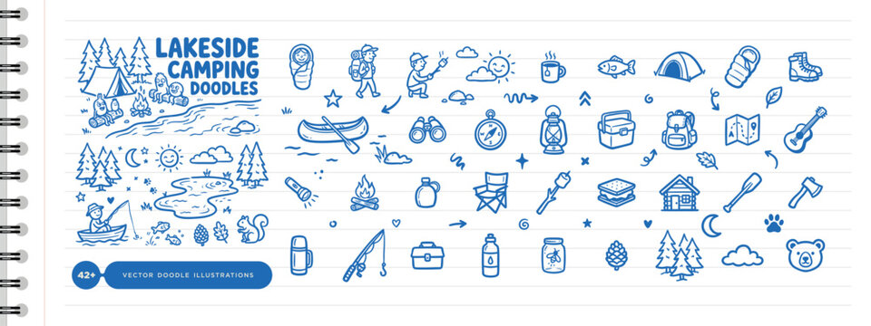 A comprehensive collection of blue ink hand-drawn camping and outdoor adventure doodles including icons for hiking, fishing, and lakeside activities on a lined notebook background.