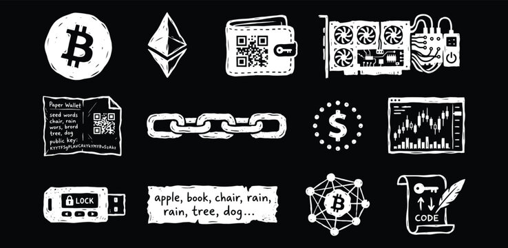 White chalk cryptocurrency and blockchain doodle icons on black background for fintech design