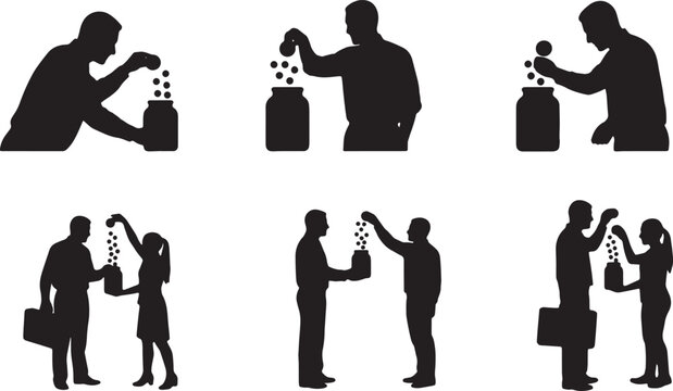 Black Solid Managing Partner Tossing Coin Silhouettes Set of Six on White Background