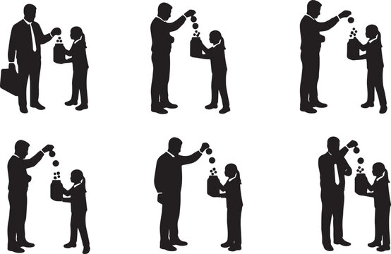 Black Solid Managing Partner Tossing Coin Silhouettes Set of Six on White Background