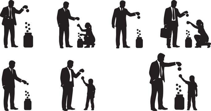 Black Solid Managing Partner Tossing Coin Silhouettes Set of Six on White Background