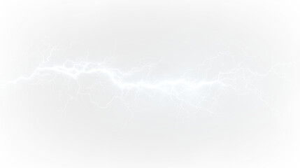 Blue and white electric lightning bolt isolated on transparent background showing a bright, striking energy form during a stormy weather event, light overlay, PNG © Liubov