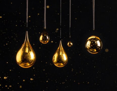 Five droplets of molten 24k gold falling at different stages, luxury liquid metal drops isolated on black