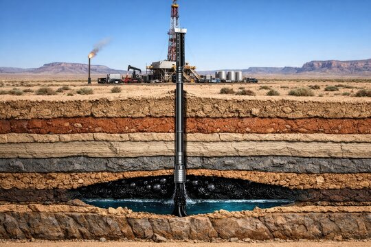 A cross section of the earth showing geological soil layers with an oil drilling rig on the surface and a pipe reaching into a dark petroleum reservoir