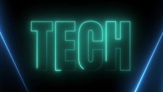 Futuristic TECH text glowing neon animation with dynamic colorful lighting against a dark rough basalt stone texture, 4k video