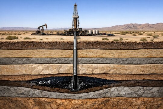 A geological cross section of the earth showing soil strata with an oil drilling rig on the surface and a pipe extracting crude oil from a reservoir