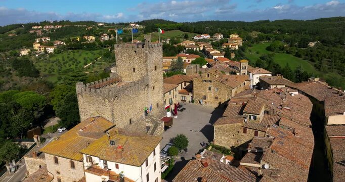 Rocca di Castellina - Medieval Fortress In The Center Of Castellina In Chianti, Italy. Aerial Pullback Shot