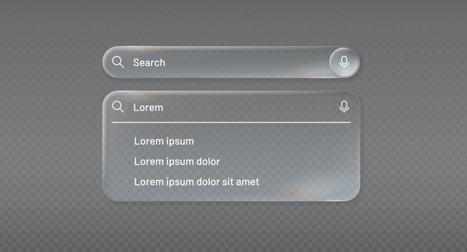 Realistic liquid glass search bar with dropdown suggestion list. Transparent rounded square glass search interface with soft refraction effect, modern web 3D glassmorphism UI elements vector set