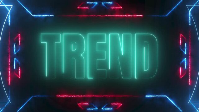 Vibrant TREND text neon glowing animation with futuristic borders and dynamic changing lighting on a dark quartz stone background, 4k video