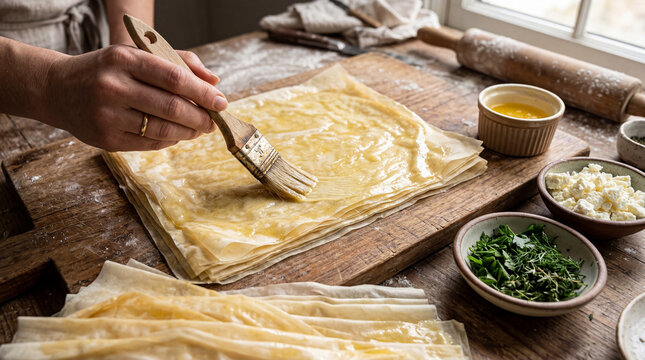 A baker's hands lovingly anoint delicate phyllo layers with melted golden butter