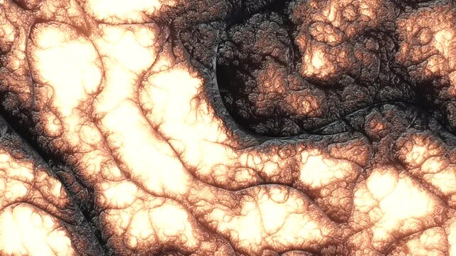 Macro view of intense thermal energy states resembling a roiling solar surface. Captures molten textures and heat release for astrophysics and geophysics research videos