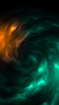 Cinematic vertical 9:16 footage of an atmospheric nebula featuring vibrant green and orange cosmic dust swirling in deep space. Ideal for astronomy documentaries and mobile social media content.