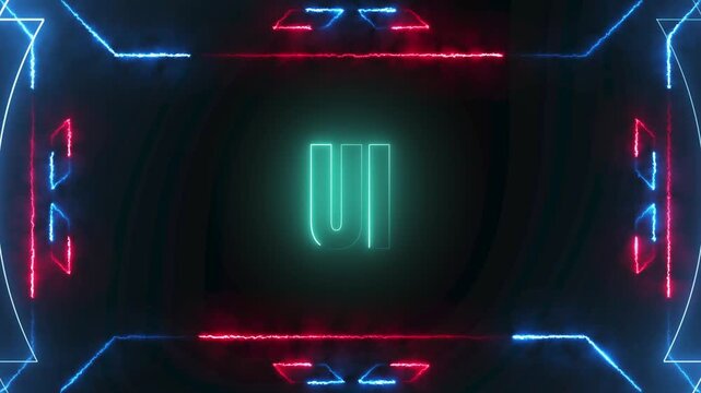 Glowing UI neon text animation with futuristic red and blue borders and vibrant dynamic lighting on a dark basalt stone background, 4k video