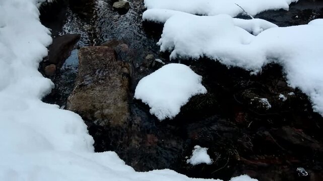 A serene winter scene from Oulanka National Park in Kuusamo, Finland, showing snowy rocks and a gently flowing stream, embodying the tranquility of the Finnish winter landscape.