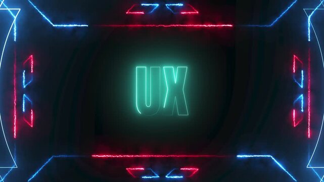 Glowing UX neon text animation with futuristic red and blue frames and vibrant dynamic lighting on a dark sandstone texture, 4k video