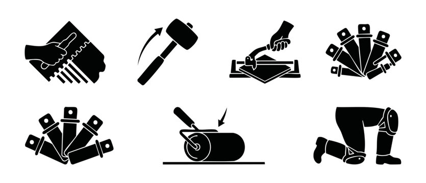 Tiling tools icon set, construction flooring equipment symbols, professional manual tile cutter, notched trowel, rubber mallet, knee pads, and floor leveling tools for home renovation and interior des