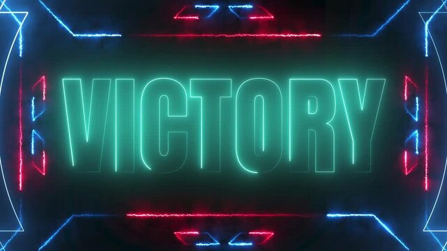 Glowing VICTORY neon text animation with futuristic red and blue frames and vibrant lighting on a dark basalt stone wall texture, 4k video
