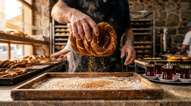 Crafting morning delights a skilled baker gently sprinkles crunchy sesame seeds onto golden simit rings