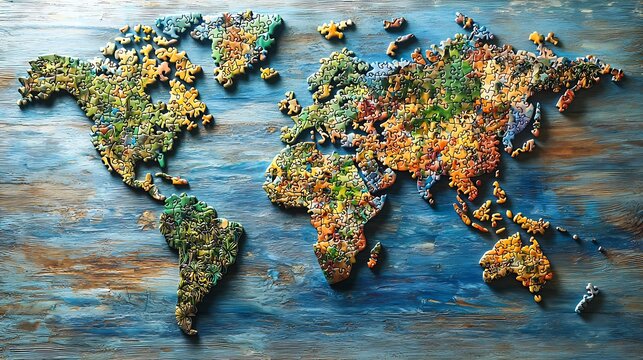 Colorful world map constructed from interlocking jigsaw puzzle pieces on a rustic wooden background