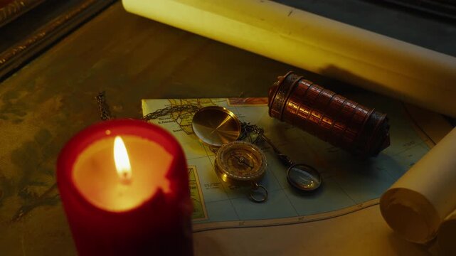 Warm candlelight illuminates a cryptex, map, and compass, suggesting hidden knowledge, coded secrets, and investigative discovery in a moody setting.