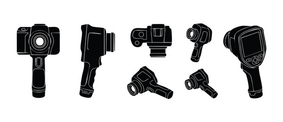 Thermal Imaging Camera Icons Set, Infrared Heat Vision Detection Equipment, Handheld Thermography Device Silhouettes for Industrial Inspection, Maintenance Diagnostics, and Energy Audit Technology Vec © Dinali