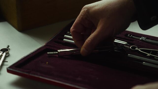 Close-up of a tool case opening to reveal drafting instruments, with compass set aside, suggesting readiness, planning, and the start of focused technical work.