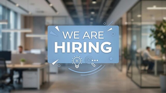 Blue hiring banner over blurred office corridor announces open roles and recruitment drive, inviting applicants, job search, HR outreach, and employer branding for growing corporate teams.