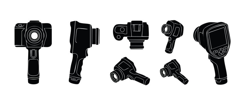 Thermal Imaging Camera Icons Set, Infrared Heat Vision Detection Equipment, Handheld Thermography Device Silhouettes for Industrial Inspection, Maintenance Diagnostics, and Energy Audit Technology Vec