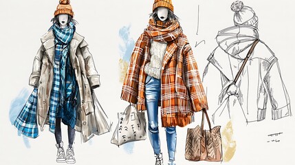 Naklejka premium Fashion illustration of three female figures wearing winter coats scarves beanies and carrying tote bags