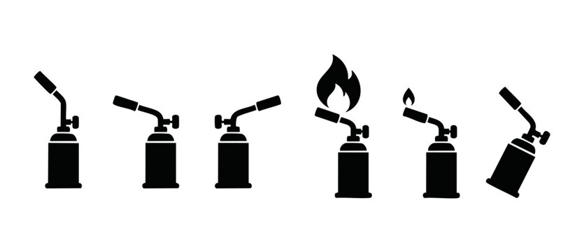 Blowtorch icon set, welding gas torch tool silhouette collection for construction and metalwork repair, vector symbols of burner equipment with flames isolated on white background for industrial desig