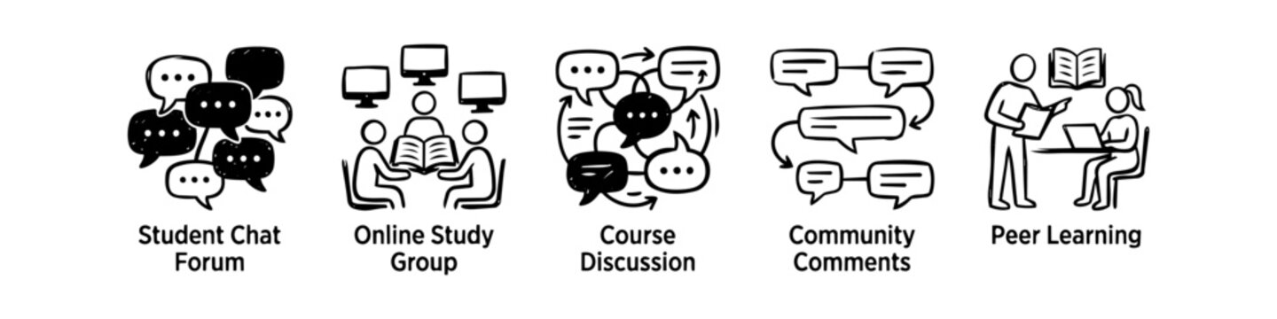 Hand-drawn doodle icons for online education, featuring student chat forums, study groups, course discussions, community comments, and peer learning. Ideal for e-learning and edtech platforms.
