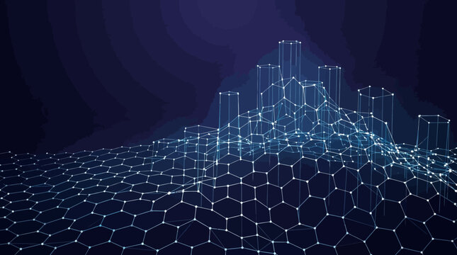A futuristic digital illustration of a honeycomb network with glowing blue nodes and connections on a dark background representing data visualization and technology