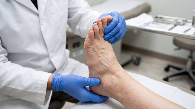 Caring podiatrist delicately examines a patient's foot, ensuring wellness during a thorough medical check in a clean clinic setting