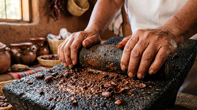 Ancient craft unfolds as weathered hands expertly grind fragrant cacao on a rugged metate within a humble, sun drenched kitchen, a timeless ritual