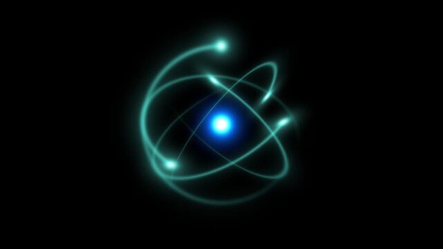 Futuristic atomic particle energy concept showing quantum physics molecular structure, nuclear fusion, electron orbit, cosmic science, and nanotechnology power system visualization