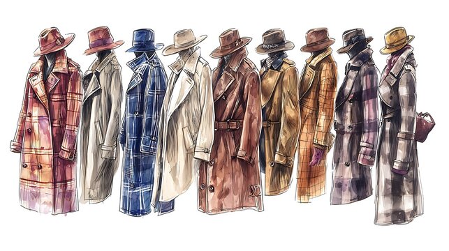 A fashion illustration featuring a line of diverse trench coats and fedora hats