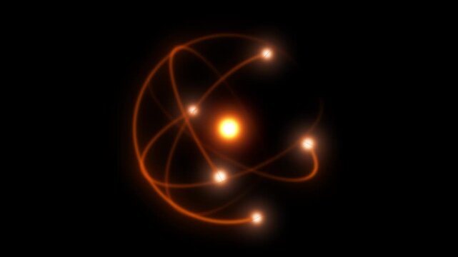 Futuristic atomic particle energy concept showing quantum physics molecular structure, nuclear fusion, electron orbit, cosmic science, and nanotechnology power system visualization