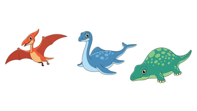 Cute Cartoon Prehistoric Animals Set: Flying Pterodactyl, Swimming Plesiosaur, and Armored Dinosaur Illustration for Kids