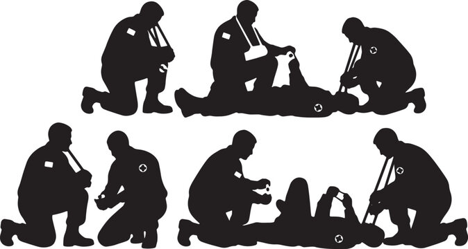 Black Solid Military Medics Bandaging Silhouettes Set of Six on White Background